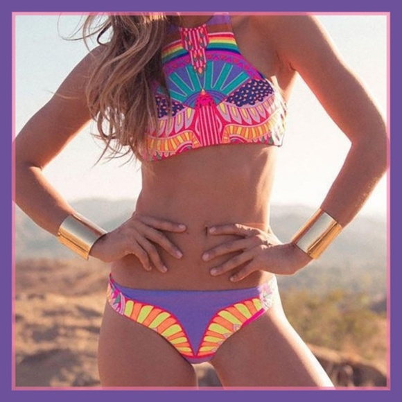 2020 Neon Aztec Print Two Piece Halter Bikini - Picture 3 of 7